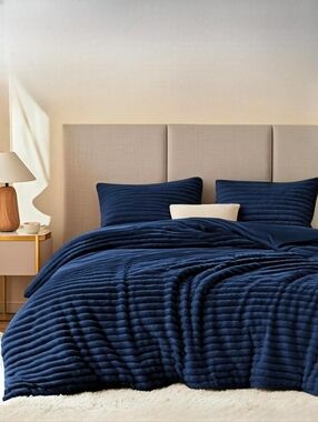 Midnight Blue Soft Plush Corduroy Stripe Comforter Shams Set King Size Bedding